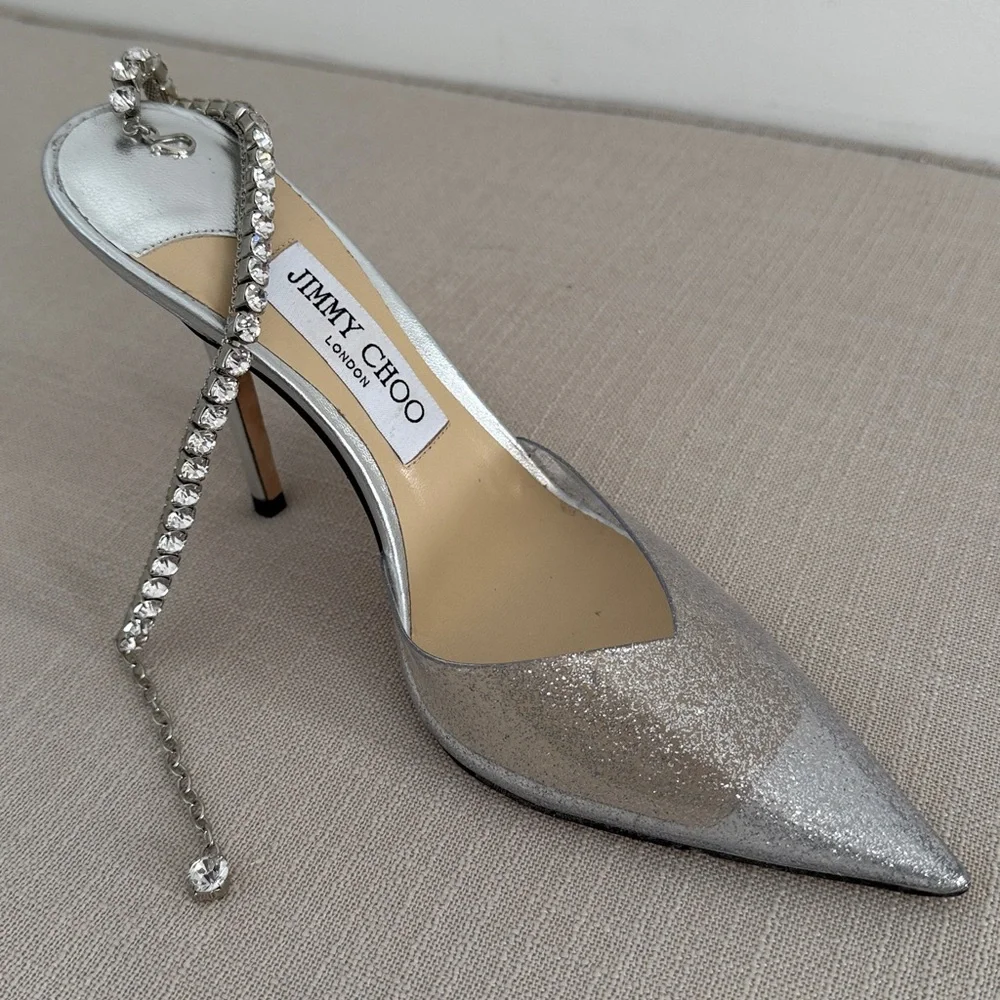 LIKE NEW-Jimmy Choo Saeda 100 Glitter Plexi Pumps with Crystal Embellishment - Picture 6 of 9